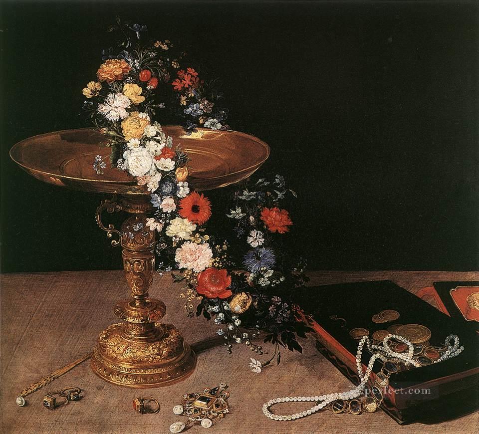 花の花輪と黄金のタッツァのある静物 フランドルのヤン・ブリューゲル長老油絵